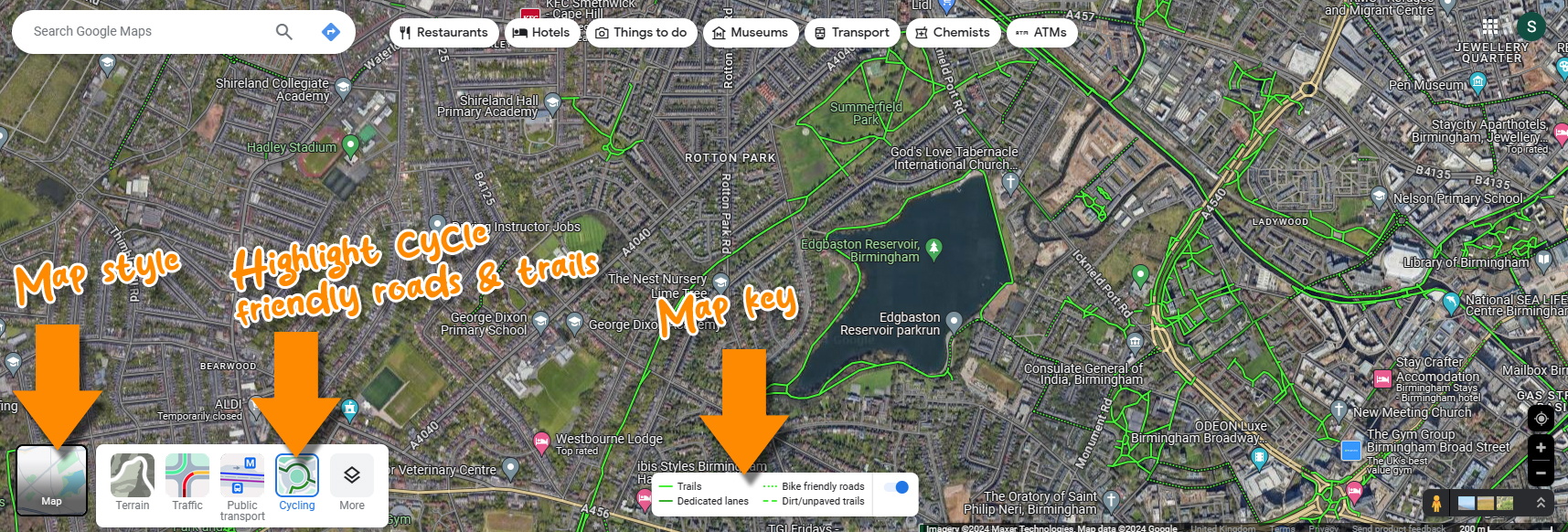 How to use google maps to find cycle friendly roads and trails